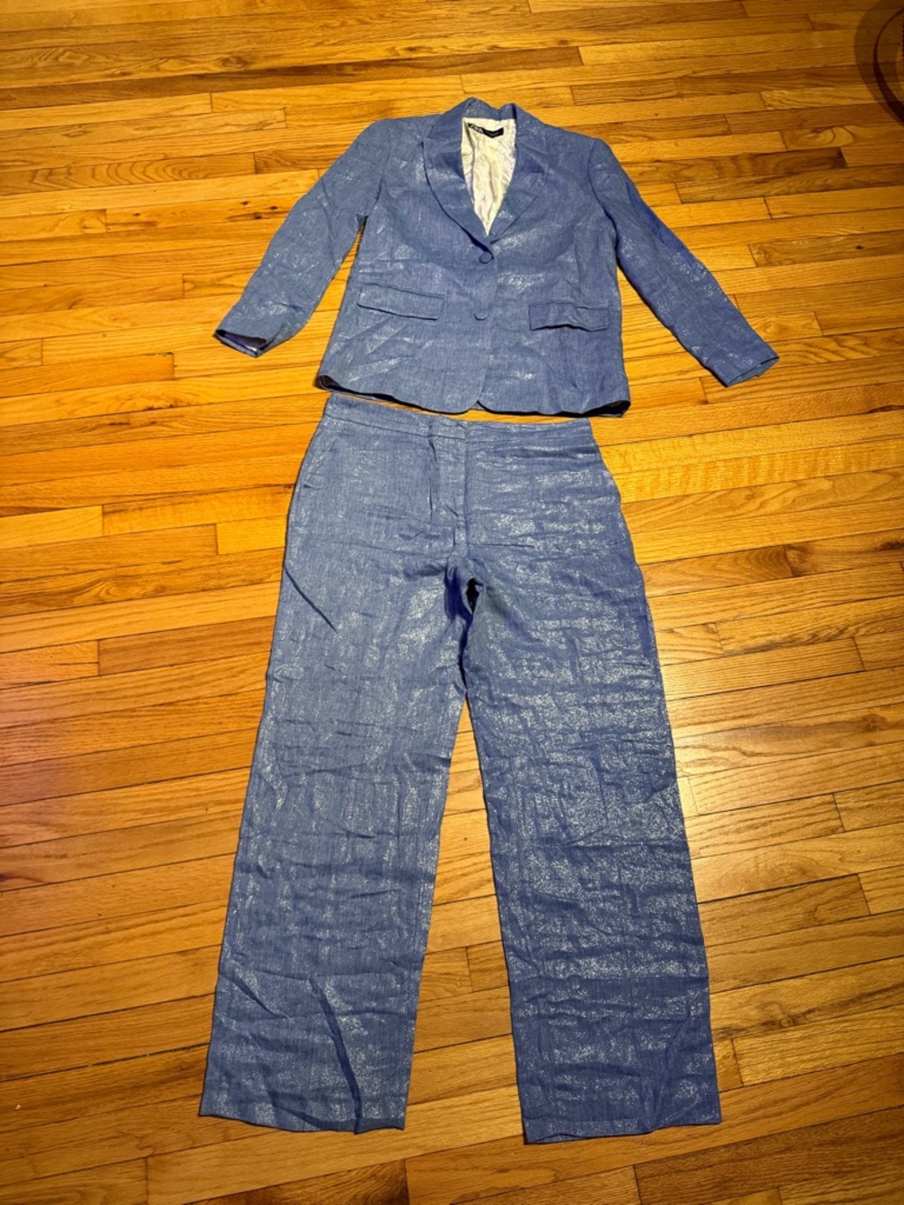 NWOT Zara Linen Shimmer Light Blue Blazer/Trousers Matching Set Coord Lounge L - Picture 3 of 13